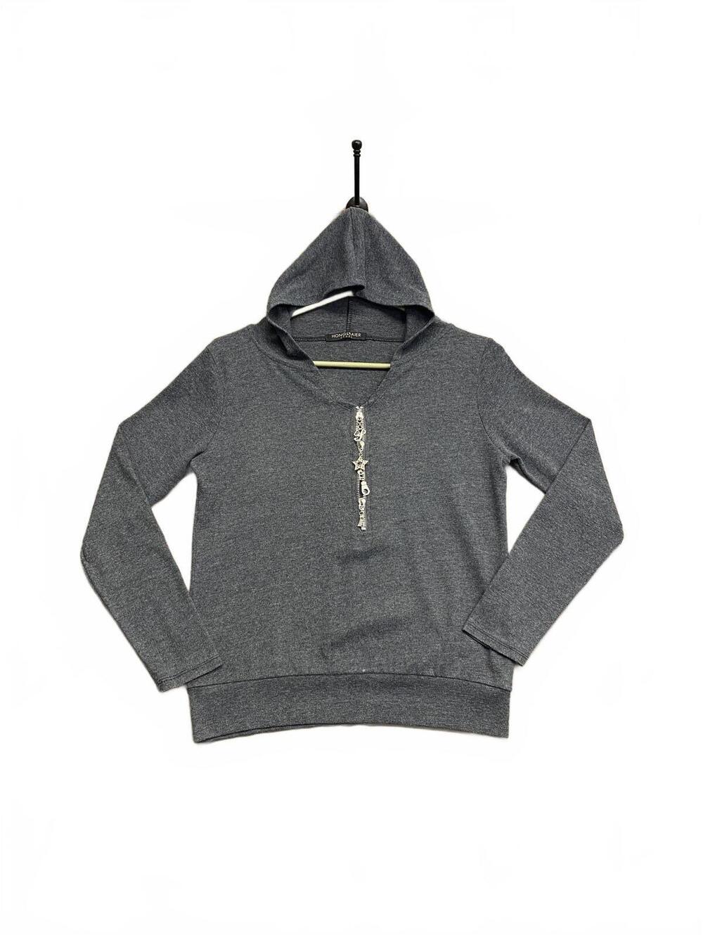 Hong Aier Dark Gray Hoodie with Unique Silver Four Zipper Charm Detail W Size S